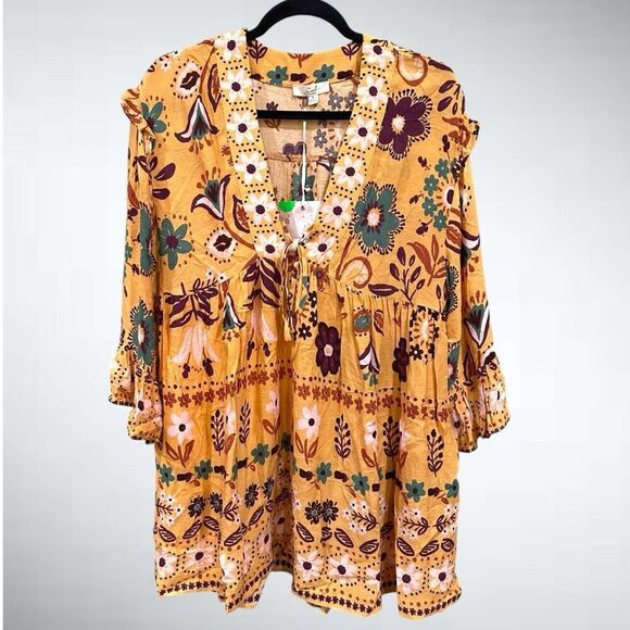 Easel Los Angeles Boho Mustard Yellow Multicolor Floral Babydoll Tunic Top Size - Picture 1 of 7